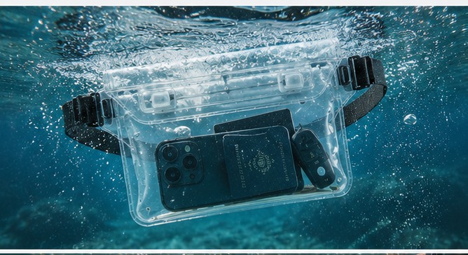 AquaVault Pro immergé sous l'eau, téléphone et passeport visibles à l'intérieur