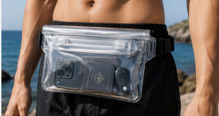 Sac banane étanche AquaVault Pro porté à la ceinture, face à l'océan